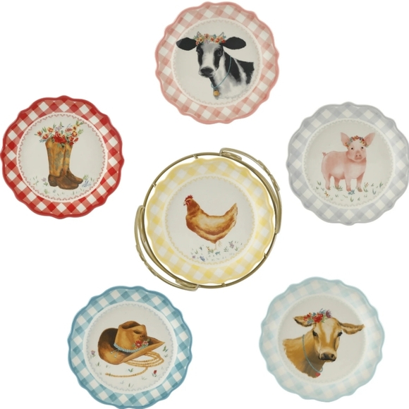 🎁 New Pioneer Woman Novelty 7 Inch Plates with Rack - Picture 1 of 11